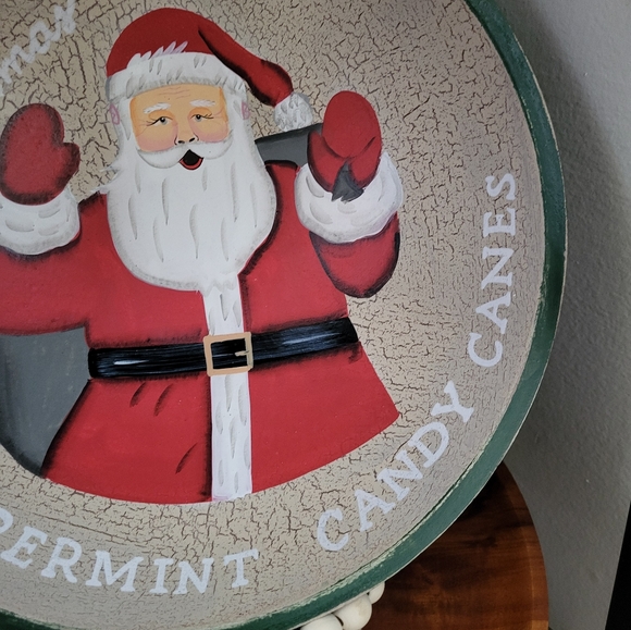 11" Santa Merry Christmas Holiday Round Wood Decor Bowl gift giving - Picture 3 of 5
